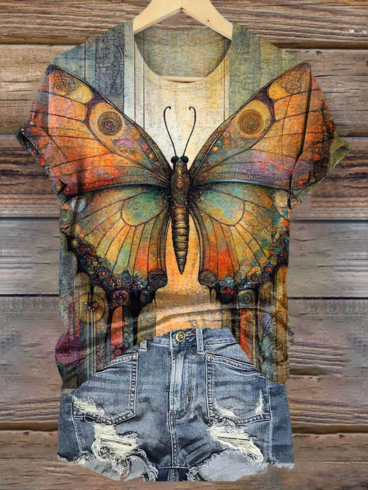 Vintage Butterfly Art Print Casaul Short Sleeve T-shirt