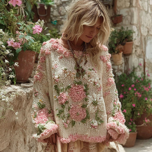 Women's Boho Floral Chunky Knit Crew Neck Sweater elevenforest
