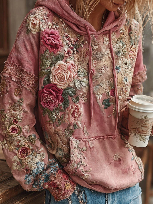 Vintage Pink Roses Embroidered Washed Hoodie elevenforest