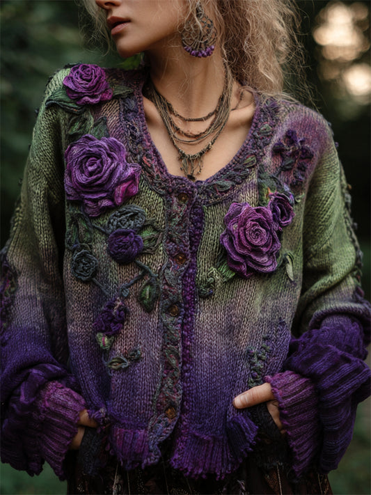 Vintage Purple Roses Crochet Gradient Cozy Cardigan elevenforest