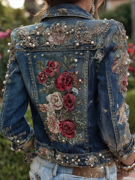 Bohemian Style Rose Embroidery Women's Retro Casual Denim Jacket elevenforest