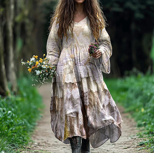 Women's Floral Lace Layered Linen Dress elevenforest