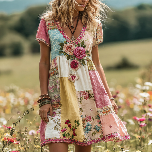 Women's Vintage Rose Floral Patch Linen Short Dress elevenforest