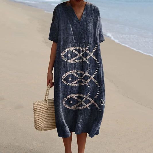 Women's Vintage Fish Art Print V-Neck Loose Midi Dress elevenforest