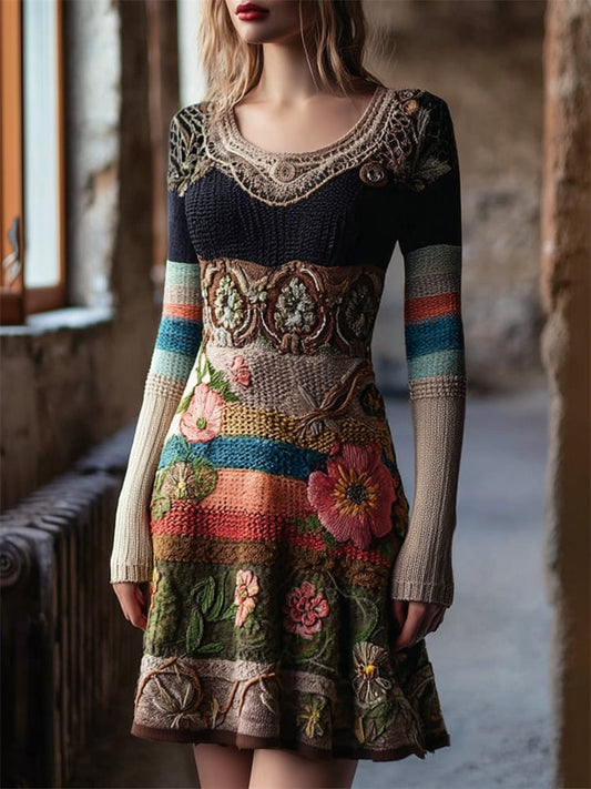 Comstylish Comstylish Boho Floral Crochet Colorful Striped Cozy Knit Sweater Dress