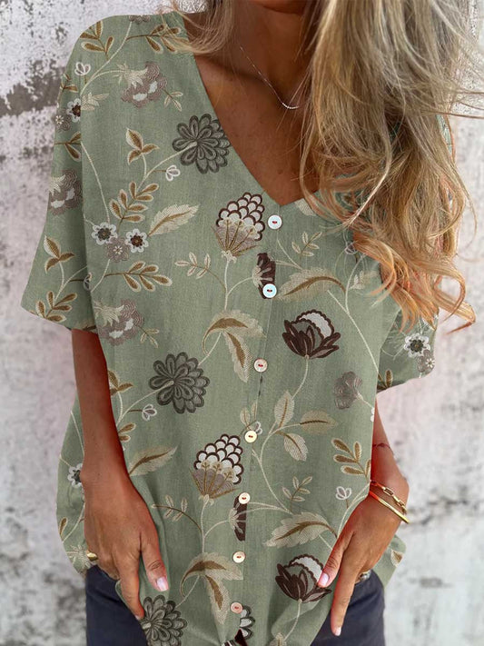Women's Elegant Floral Shirt Style Cotton and Linen Top