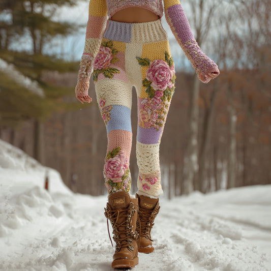 Women's Vintage Floral Art Patchwork Cozy Knit Leggings elevenforest