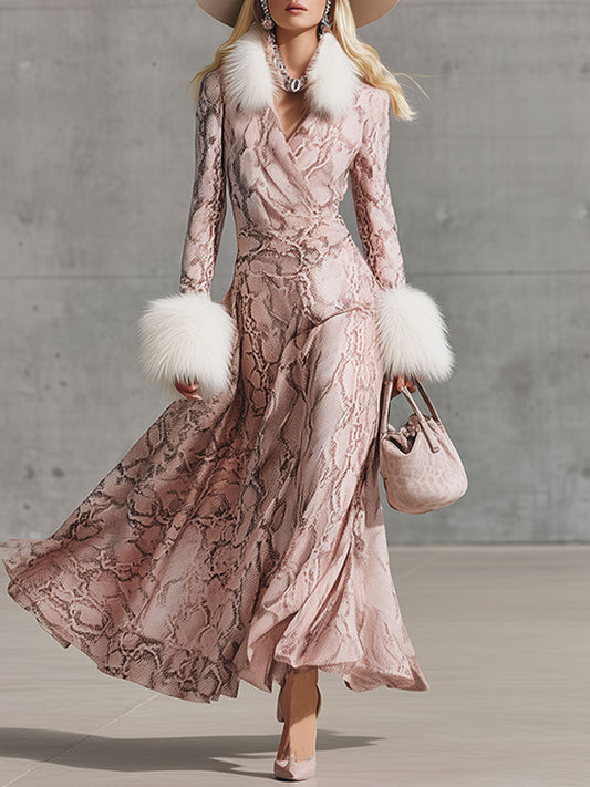 Fashion Retro Pink Snake Print Velvet Maxi Dress
