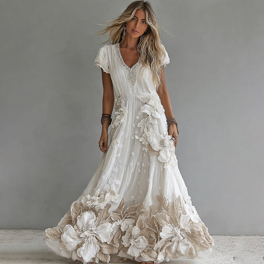 Women's Vintage Boho Floral Art  Short-sleeved Maxi Dress