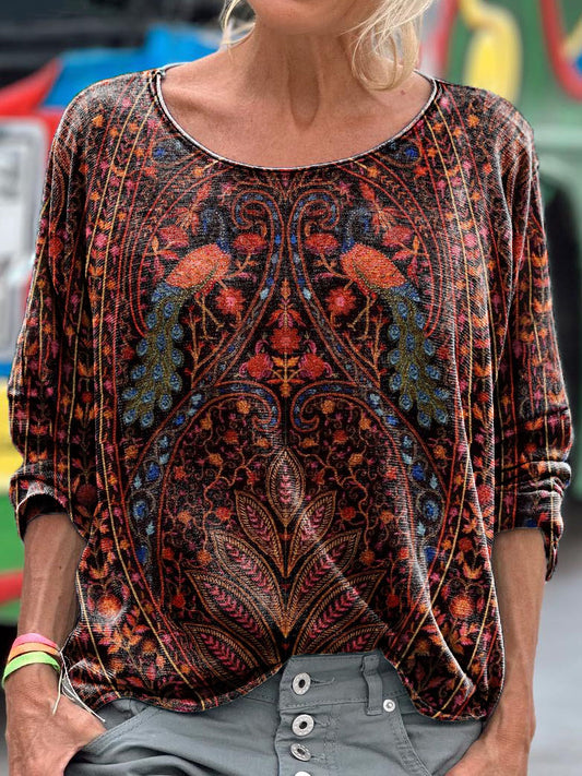 Retro Ethnic Floral Peacock Pattern Art Print Casual Long Sleeve T-shi