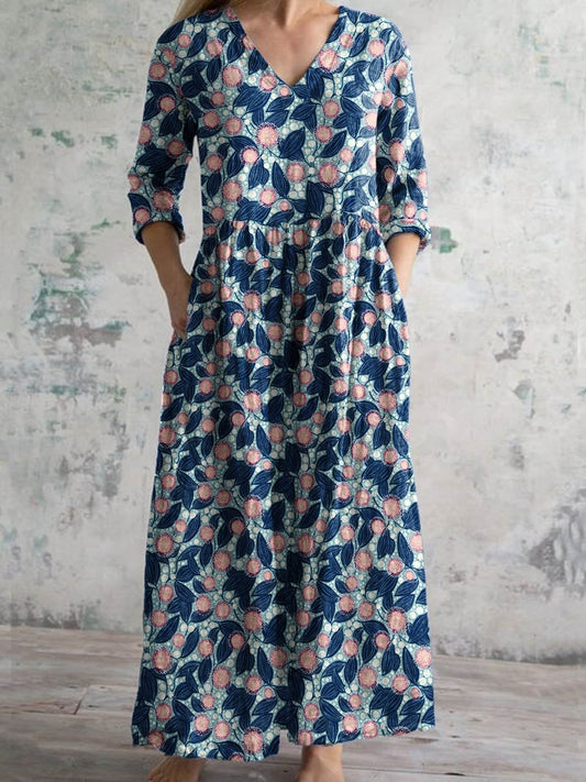 Women's Elegant Vintage Floral Pattern Cotton Dress With Pockets