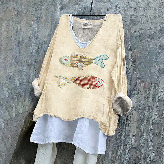 Women's Japanese Style Stitched Fish Art Pattern Vintage Linen Shirt elevenforest