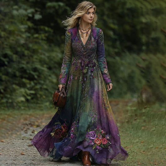 Vintage Classy Gradient Purple Peacock And Floral Embroidered V Neck Maxi Dress