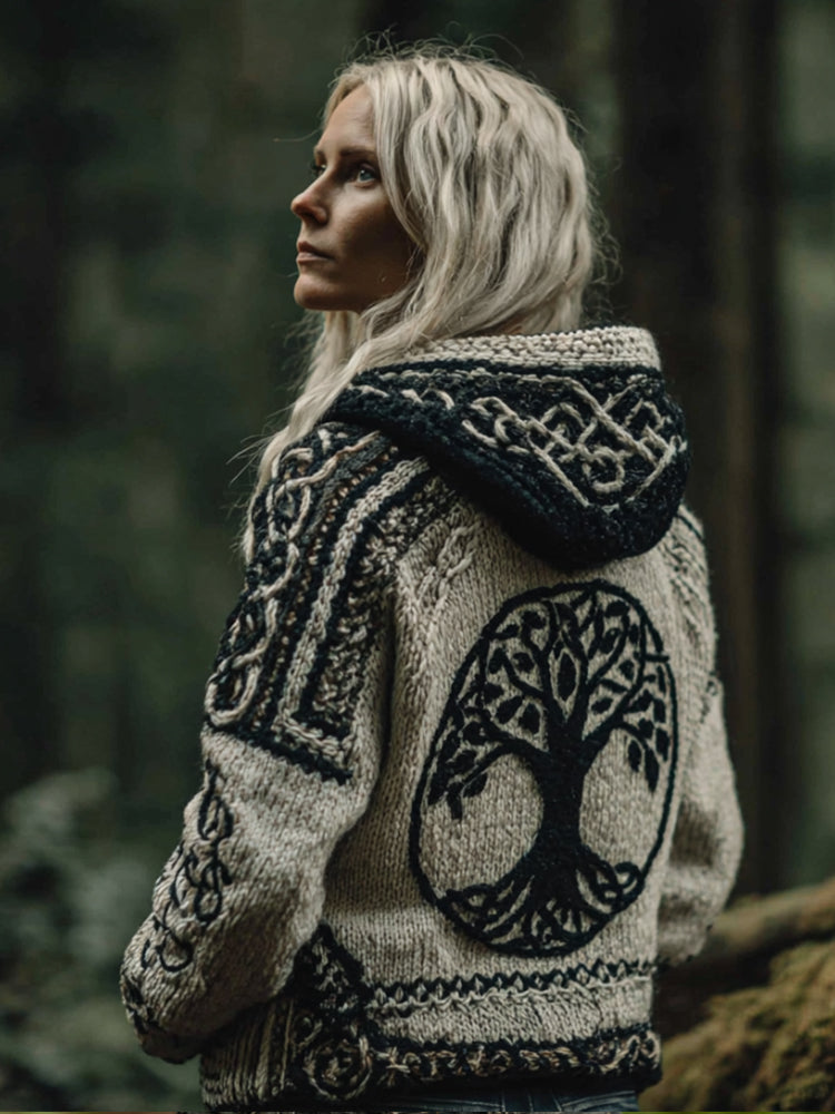 Women's Viking Style Tree Of Life Flat Embroidered Hooded Sweater artswardrobe