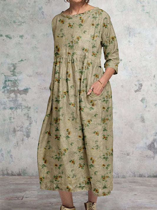 Women's Elegant Floral Classic Round Neck Cotton and Linen Dress