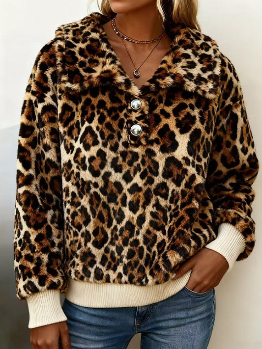 Women's Lapel Leopard Print Plush Pullover Jacket 