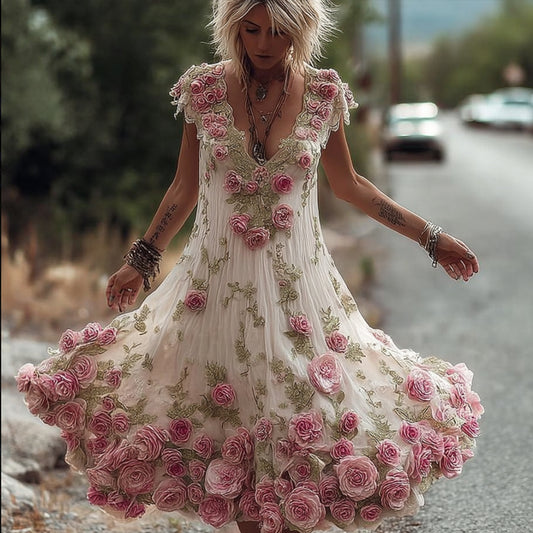Women's Heavy-duty Pink Rose Vintage Short-sleeved Dress elevenforest