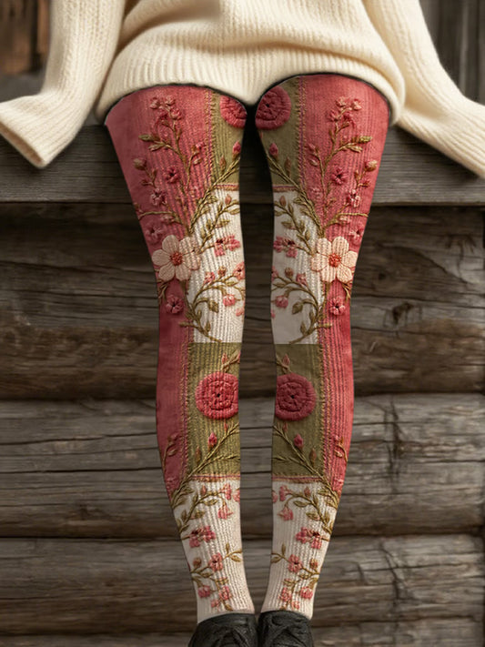 Women's Retro Pink Awareness Flowers Print Leggings elevenforest