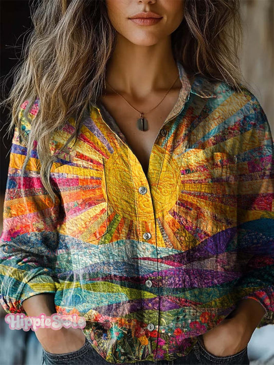 Women's Lovely Sun Floral Patchwork Pattern Art Print Casual Long Slee