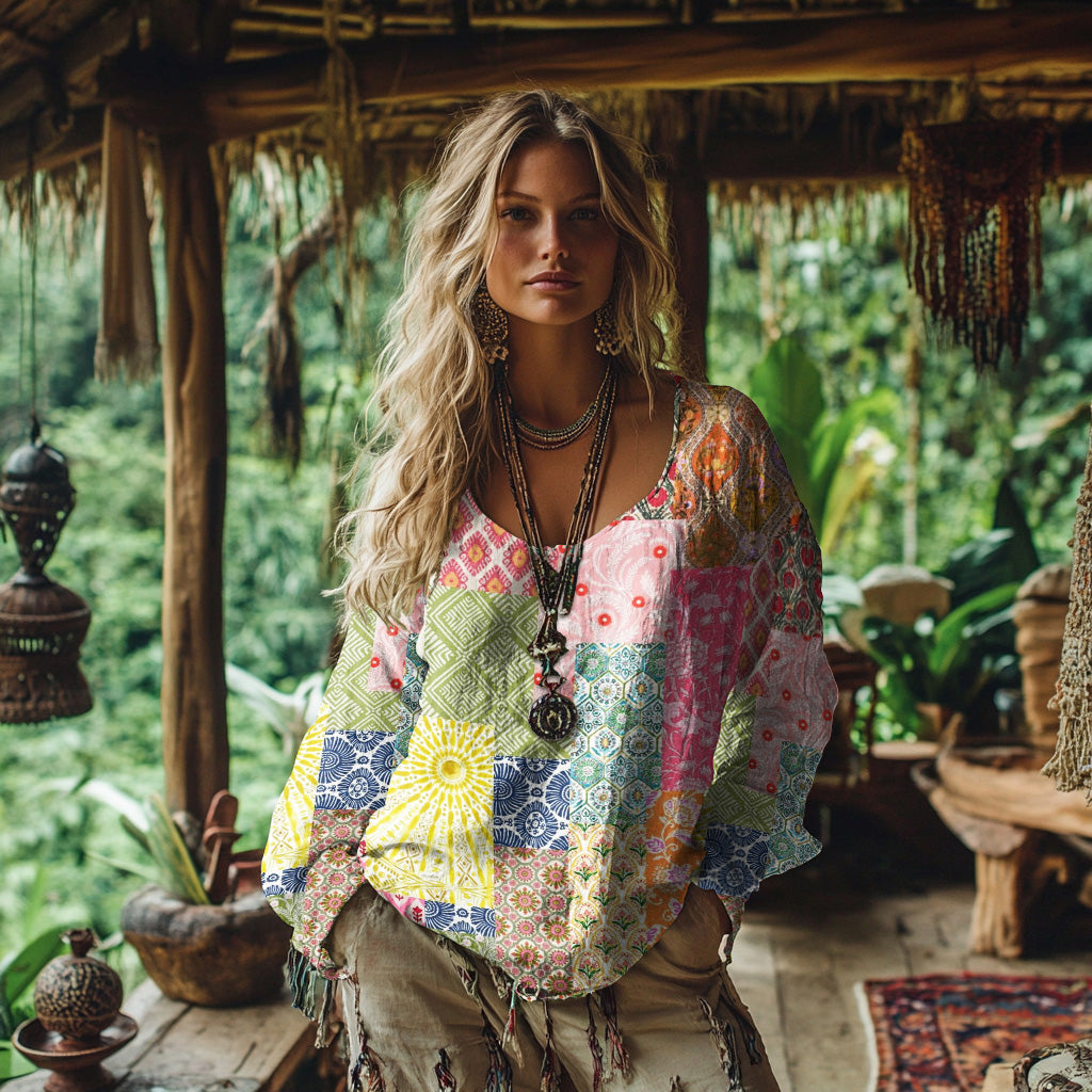 Comstylish Retro Bohemian Resort Floral Patchwork Art Print Cotton And Linen Blend Loose Blouse