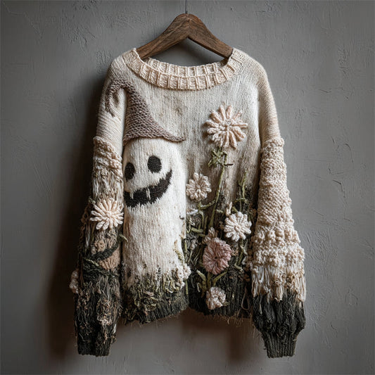 Comstylish Halloween Lovely Ghost Daisy Floral Dyed Cozy Knit Sweater