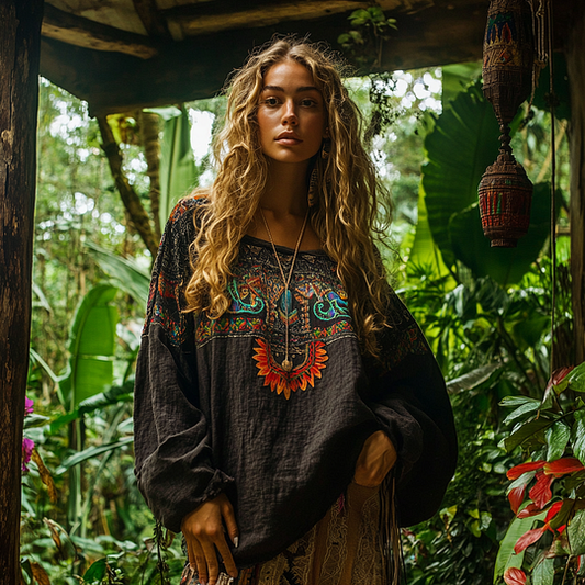 Retro Bohemian Resort Art Embroidery Print Cotton And Linen Blend Loose Blouse elevenforest