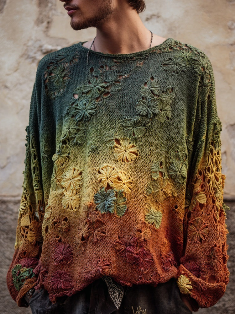 Men's Boho Floral Crochet Embroidered Gradient Cozy Sweater elevenforest