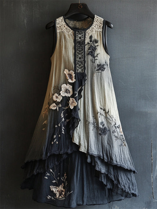 Classy Floral Embroidered Lace Ink Dyed Linen Dress elevenforest