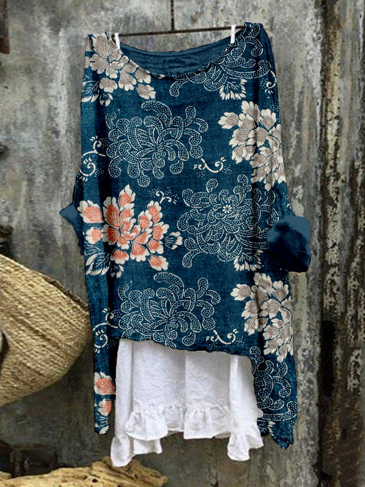 Vintage Floral Pattern Linen Blend Flowy Tunic elevenforest