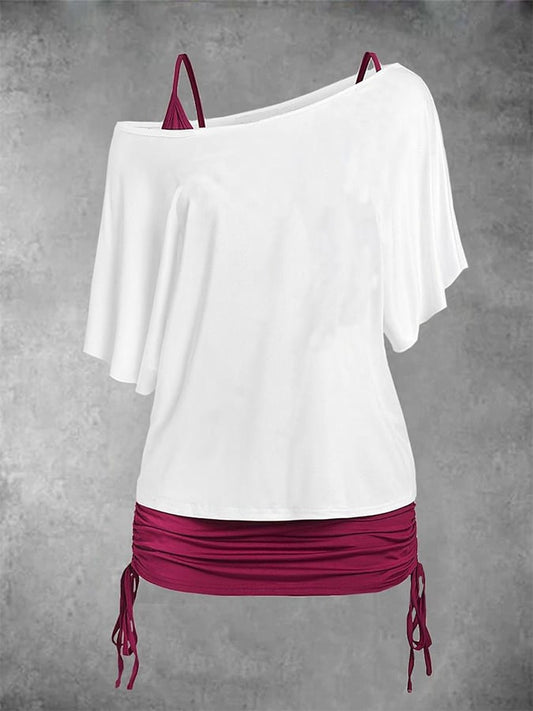 Women'S Casual Slant Collar Bat Sleeve Contrast Color Top 