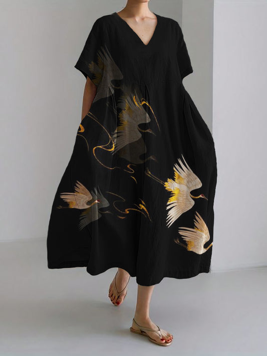 Classy Flying Cranes Japanese Art Linen Blend Maxi Dress elevenforest