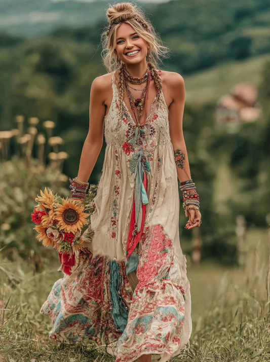 Women's Boho Floral Art Comfy Sleeveless Maxi Dress elevenforest