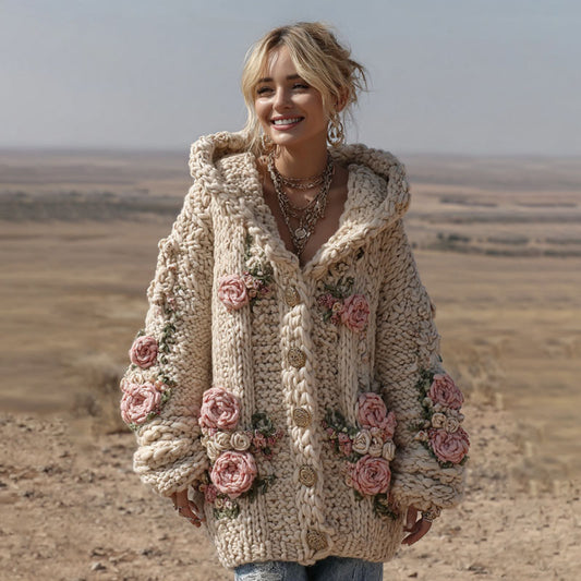 Women's Vintage Pink Floral Art Cozy Knit Hooded Cardigan