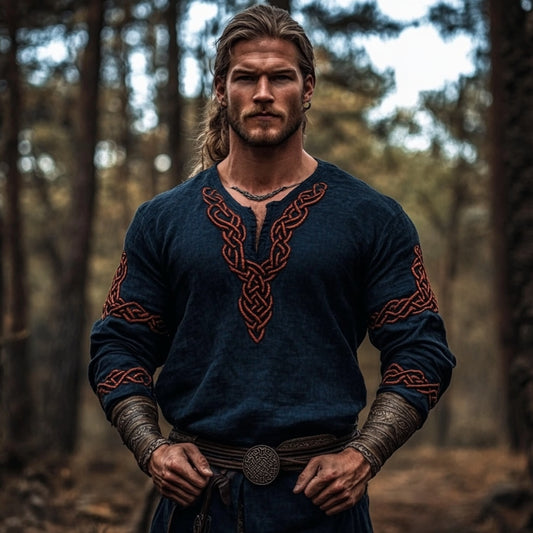 Men's Vintage Viking Celtic Knot Totem Linen V-neck Shirt elevenforest