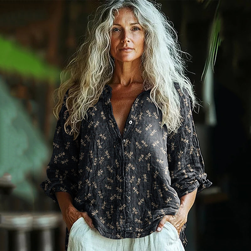 Bohemian Style Dragonfly Linen Print  Long Sleeve Shirt elevenforest
