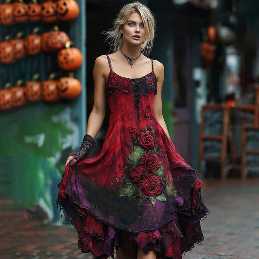 Vintage Red Rose Embroidery Beaded Gradient Halloween Maxi Dress elevenforest