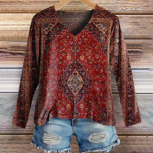 Women's Vintage Ethnic Floral Art Print Casual V-neck Long Sleeve T-sh