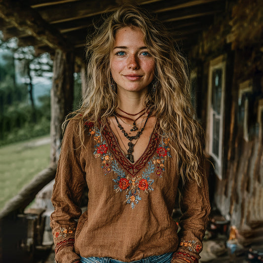 Women's Vintage Floral Embroidered Art Linen Loose Blouses elevenforest