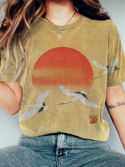 Flying Cranes Sunrise Japanese Art Vintage T Shirt elevenforest