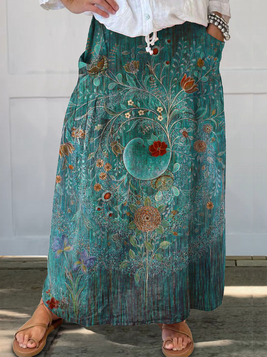 Women's Vintage Floral Art Print Linen Pocket Skirt