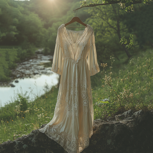 Vintage  Lace Art Linen Maxi Dress elevenforest