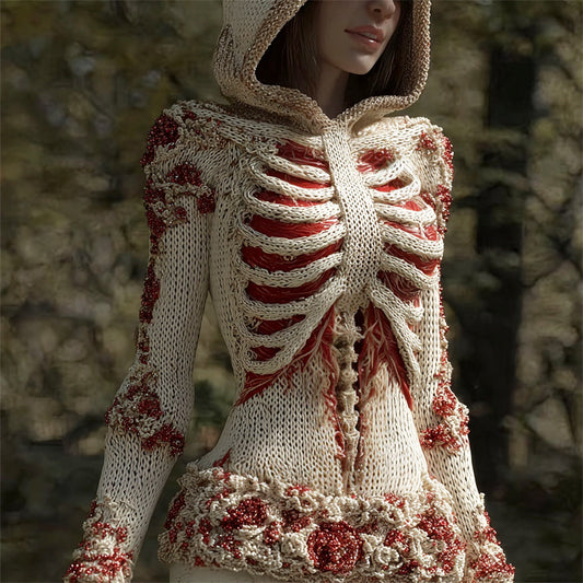 Comstylish Halloween 3d Skeleton Floral Art Women's Knit Hooded Sweater