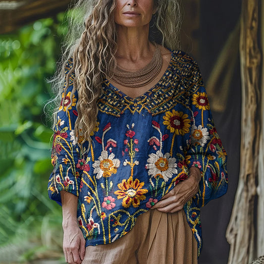 Vintage Boho Ethnic Floral Embroidered Linen V Neck Tunic elevenforest