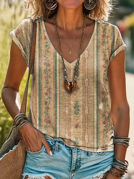 Vintage Ethnic Floral Art Print 100%Cotton V-neck T-Shirt