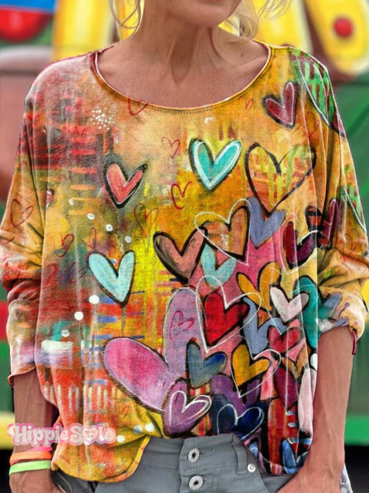 Women's Heart-Shaped Gradient Tie-Dye Print T-shirt