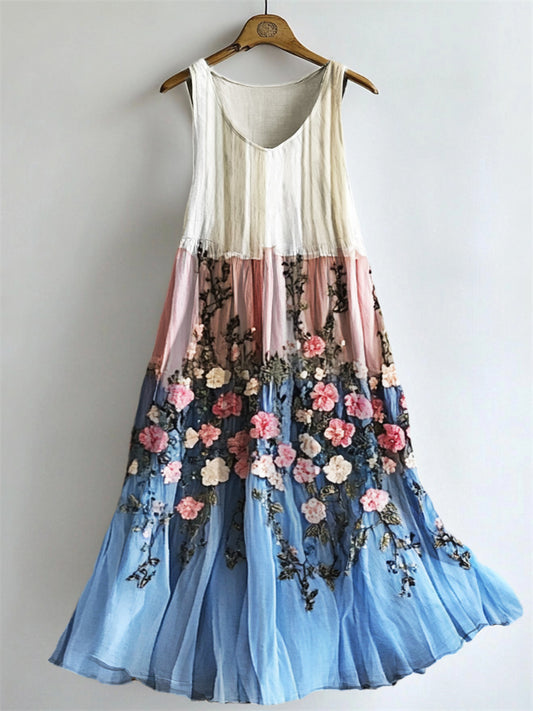 Floral Embroidered Transgender Colorblock Flowy Tank Dress elevenforest