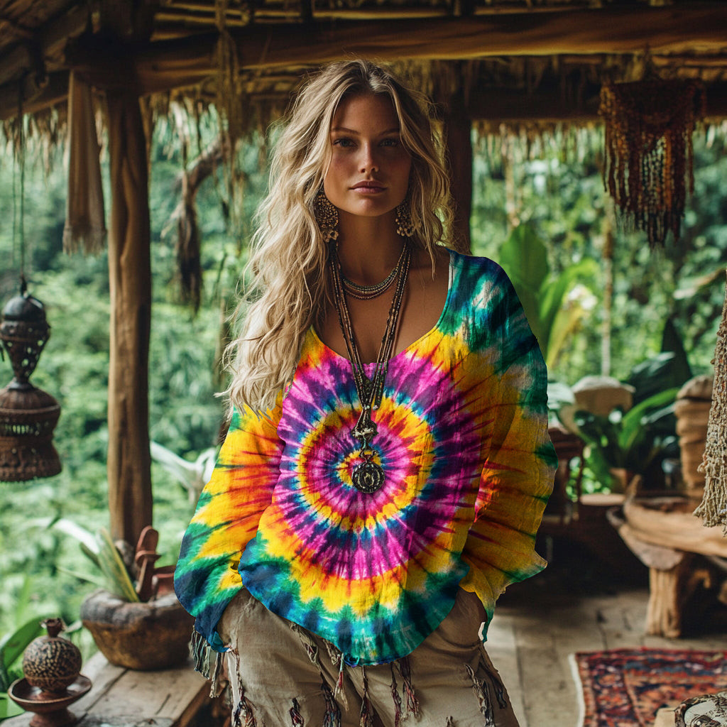 Comstylish Women's Vintage Bohemian Colorful Tie-dye Art Linen Casual T-shirt