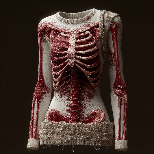 Comstylish Classy Skeleton Bloody Lace Patchwork Round Neck Sweater