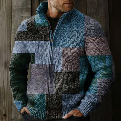 Men's Vintage Western Patchwork Design Graphic Zip Sweater elevenforest