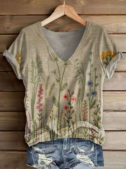 Women's Vintage Floral Art Print V-neck Casual T-Shirt